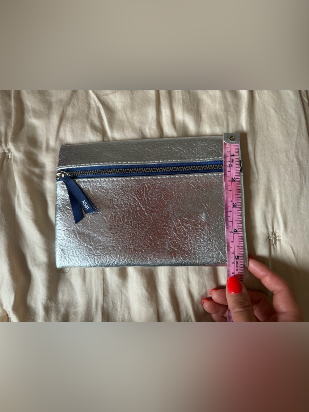 ipsy Metallic Silver Toiletry Pouch with Navy Zipper Pull - Picture 2 of 5